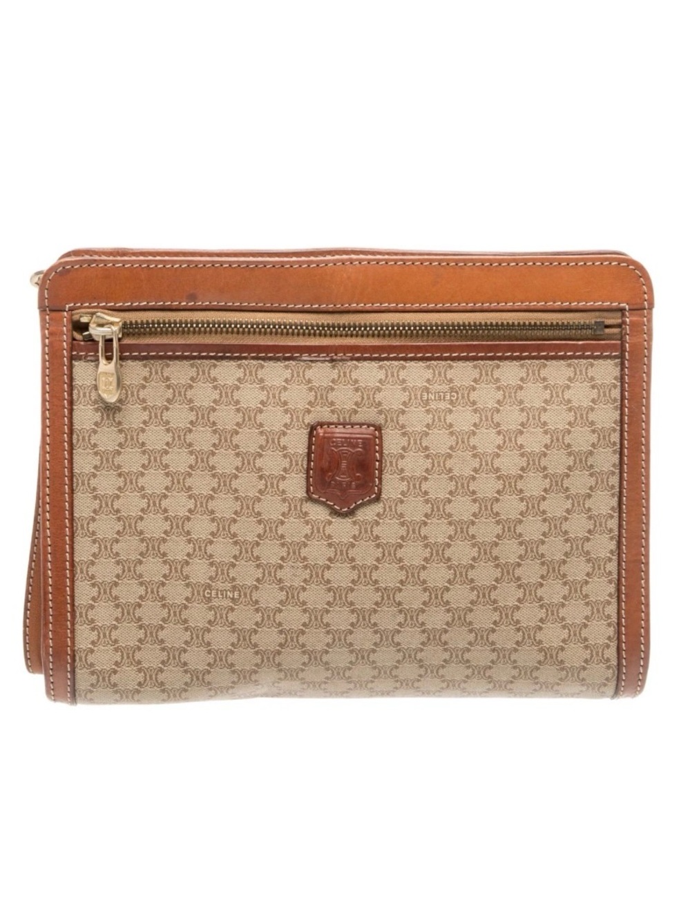 Celine Beige Monogram Canvas and Brown Leather Zip Pouch